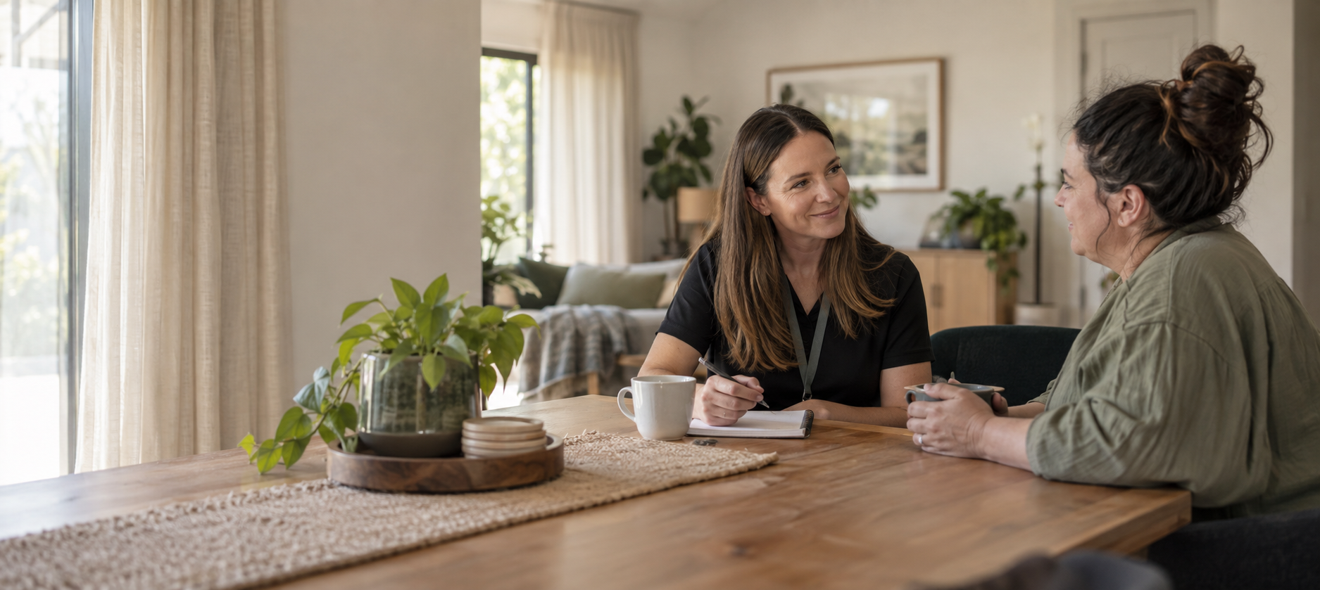 A support professional listening to a participant at home