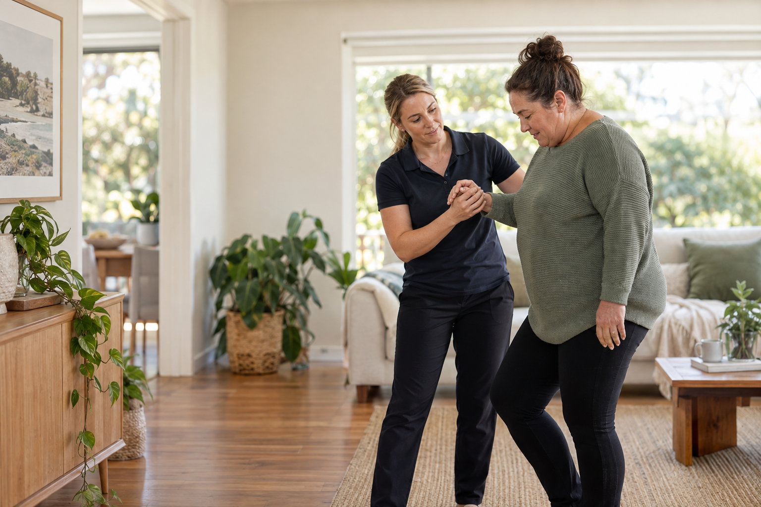 A rehabilitation professional supporting a participant with movement practice at home